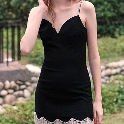 Solid Spliced Tassels Elegant Dresses for Women V Neck Sleveeless Patchwork Bead Mini Dress Female Fashion Clothing